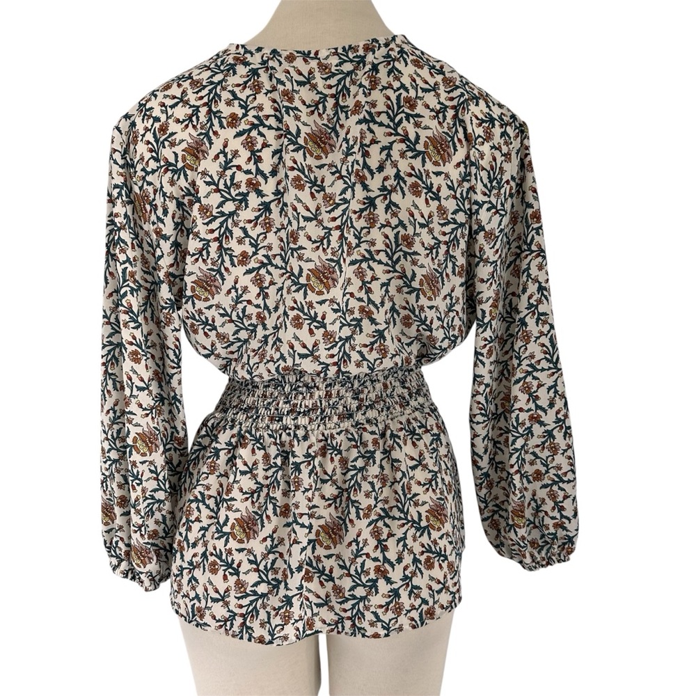 MAX STUDIO Beige Floral Tie-Waist V-Neck Blouse Boho Peplum Folk NWT M - Picture 3 of 10